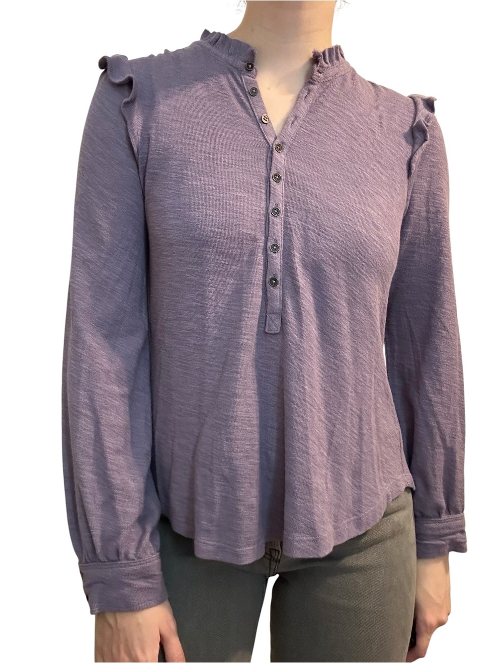 Anthropologie Pilcro Ruffled Blouse Button Up Top Shirt Purple Size Extra Small
